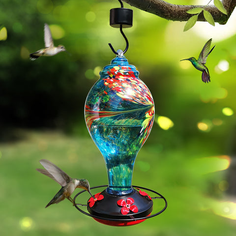 Glass Hanging Hummingbird Feeder (Blue)